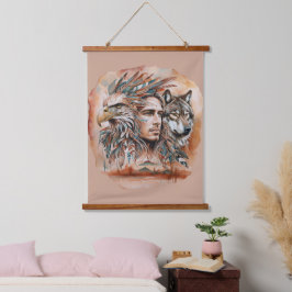 Tapiz Con Marco De Madera Águila - Hombre - Lobo - acuarela arte 1 - Diversi