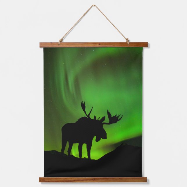 Tapiz Con Marco De Madera Alce con Aurora Boreal verde, Alaska (Anverso)