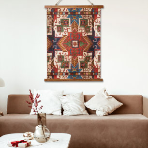 Tapiz Con Marco De Madera Alfombra Kilim Anatolia Rojo Quemado Vintage Pared