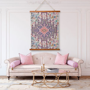 Tapiz Con Marco De Madera Alfombra Turca Kilim Anatolia con Patrón Rosa Ostr