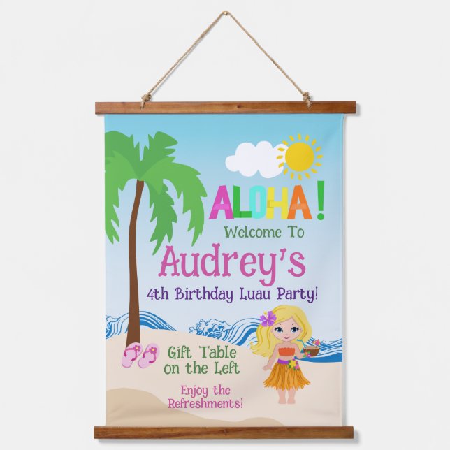 Tapiz Con Marco De Madera Aloha Luau Birthday (Anverso)