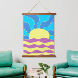 Tapiz Con Marco De Madera Amanecer y olas resumen arte