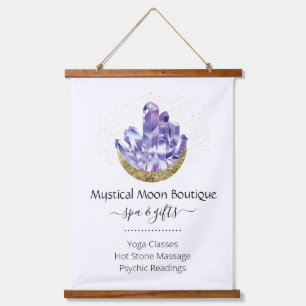 Tapiz Con Marco De Madera Amethyst Crystal Cluster Gold Crescent Moon Mystic
