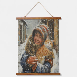 Tapiz Con Marco De Madera Anciana de Invierno y Gato Jengibre