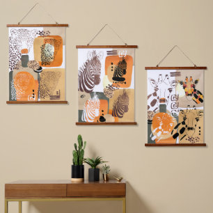 Tapiz Con Marco De Madera Animales Salvajes Tono Tierra Arte Pop Abstracto M