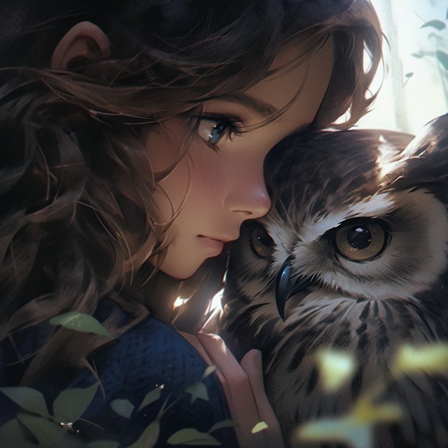 Tapiz Con Marco De Madera Anime Friends (Beautifully created anime style owl and girl.)