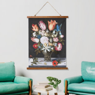 Tapiz Con Marco De Madera Antiguas Tulipas y Rosas Holandesas de Bosschaert 
