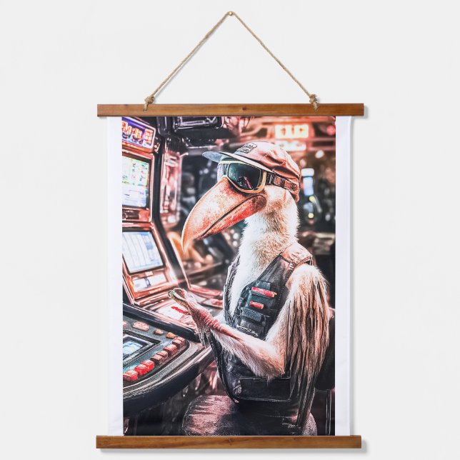 TAPIZ CON MARCO DE MADERA ANUNCIO DE JUEGO KENO PELICANO. USANDO MÁSCARA (Anverso)