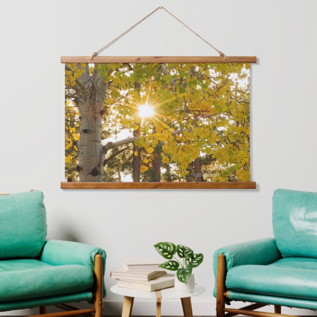 Tapiz Con Marco De Madera Árbol Aspen Con Foliaje De Caída Amarillo Y Brote  (Sala de estar)