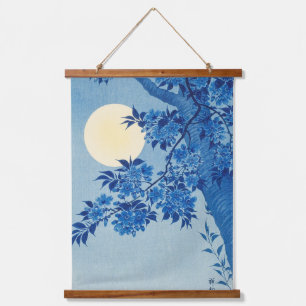 Tapiz Con Marco De Madera Árbol azul bajo la luz de la luna: Noche de flor d
