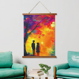 Tapiz Con Marco De Madera Árbol de amor colorido