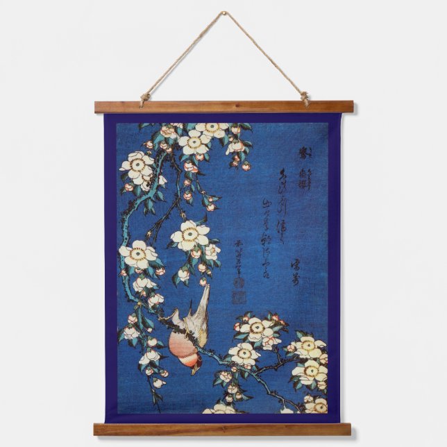 Tapiz Con Marco De Madera Árbol de cerezos de aves y llanto, Hokusai (Anverso)