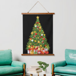 Tapiz Con Marco De Madera Árbol de Navidad Dorado y presenta cinta de pared 