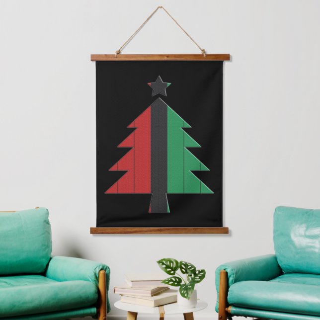Tapiz Con Marco De Madera Árbol de navidad rojo negro rayado Kwanzaa (Sala de estar)