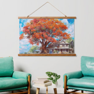 Tapiz Con Marco De Madera Árbol ruso real de poinciana en agua en flor