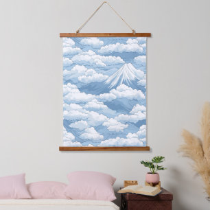 Tapiz Con Marco De Madera Armonía Acuarela Azul Blanco Montañas Nevadas Tran