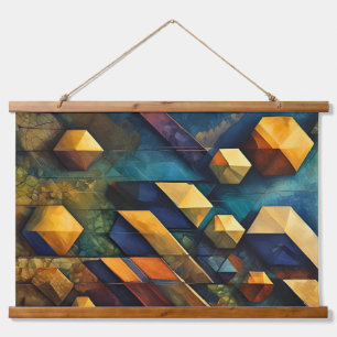 Tapiz Con Marco De Madera Armonía Geométrica: Cubos Abstractos en Oro y Verd