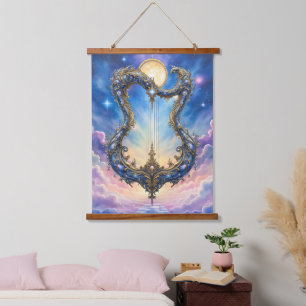 Tapiz Con Marco De Madera Arpa Celestial bajo la Luz de la Luna – Arte de Fa