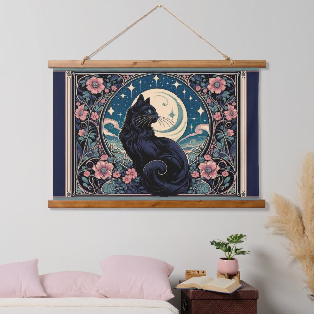 Tapiz Con Marco De Madera Art Nouveau de Gato Negro místico (Dormitorio)