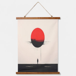 Tapiz Con Marco De Madera Arte abstracto minimalista de sol rojo y soledad
