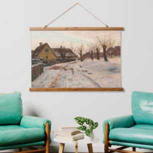 Tapiz Con Marco De Madera Arte al óleo de pueblo invernal vintage de Peder M