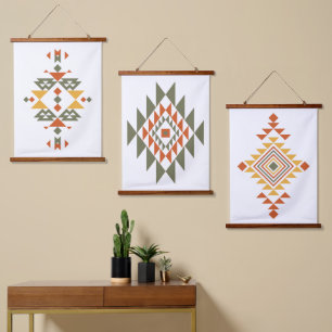 Tapiz Con Marco De Madera Arte azteca Patrón de diamantes tribales del sur