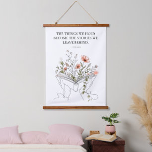 Tapiz Con Marco De Madera Arte Botánico de Línea de Libros en Flor