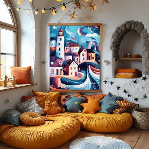 Tapiz Con Marco De Madera Arte de Aldea Costera Caprichosa