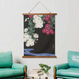 Tapiz Con Marco De Madera Arte de Crisantemo Vintage Ohara Koson