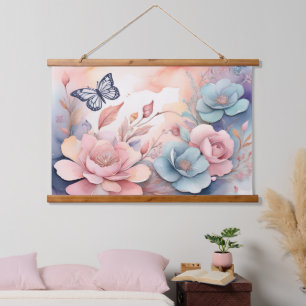 Tapiz Con Marco De Madera Arte de IA de Acuarela de Mariposa Floral Cute Whi