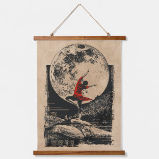 Tapiz Con Marco De Madera Arte de la Luna Llena de Ninja Roja | Wabi Sabi Es