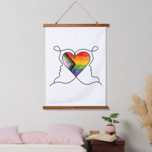 Tapiz Con Marco De Madera Arte de línea del corazón Progress Pride