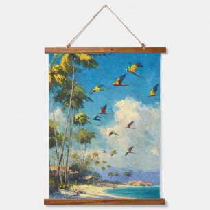 Tapiz Con Marco De Madera Arte de Loros Voladores Cielo Tropical Playa