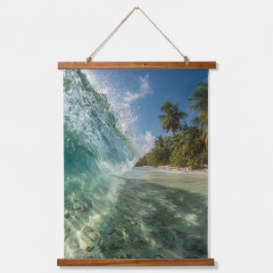 Tapiz Con Marco De Madera Arte de Ola Tropical que Choca en la Costa de la I