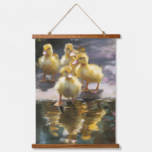 Tapiz Con Marco De Madera Arte de pared de patitos esponjosos en estanque en