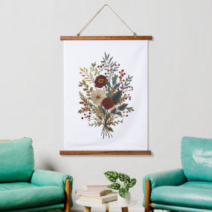 Tapiz Con Marco De Madera Arte de Pared Florales de Otoño Burgundy Verde Bei