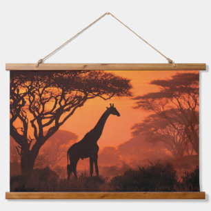 Tapiz Con Marco De Madera Arte de pared Safari de puesta de sol de jirafa si