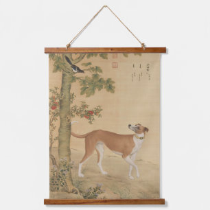 Tapiz Con Marco De Madera Arte de perro galgo chino vintage y pájaro
