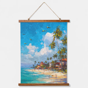 Tapiz Con Marco De Madera Arte de Playa Tropical Cielo Azul Palma Costa