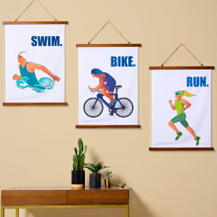 Tapiz Con Marco De Madera Arte de Triatlón - Decoración Motivadora De La Bic
