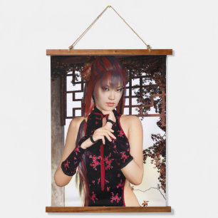 Tapiz Con Marco De Madera Arte digital de mujer de fantasía con Qipao elegan