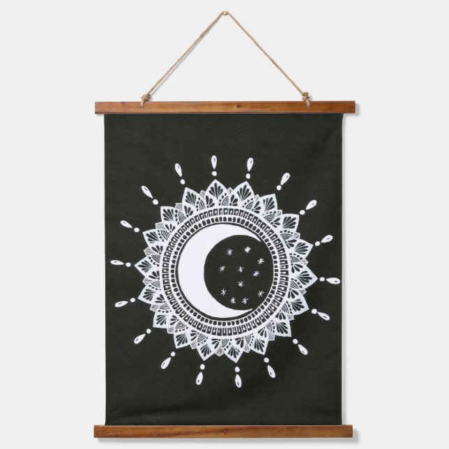Tapiz Con Marco De Madera Arte estilo Boho Sun & Moon mandala (Anverso)