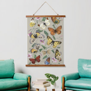 Tapiz Con Marco De Madera Arte floral botánico de mariposa polilla vintage 1