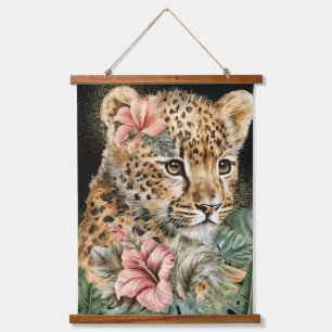 Tapiz Con Marco De Madera Arte floral de animales bebé de la jungla en acuar