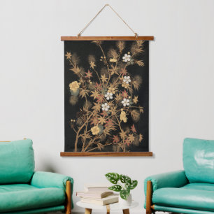 Tapiz Con Marco De Madera Arte Floral de Otoño Vintage Japonés Negro Dorado