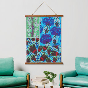 Tapiz Con Marco De Madera Arte floral vibrante maximalista azul y verde