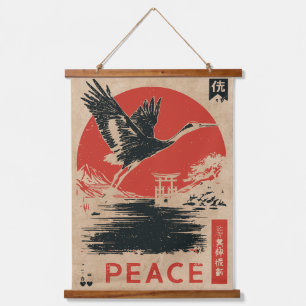 Tapiz Con Marco De Madera Arte japonés de paz de grúa Wabi Sabi Red Sun