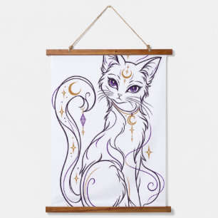 Tapiz Con Marco De Madera Arte lineal de gato wiccano gótico Magia celestial