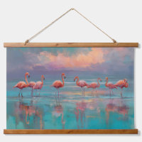 Arte mural de agua con flamencos rosados en puesta