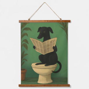 Tapiz Con Marco De Madera Arte mural de perro negro leyendo periódico